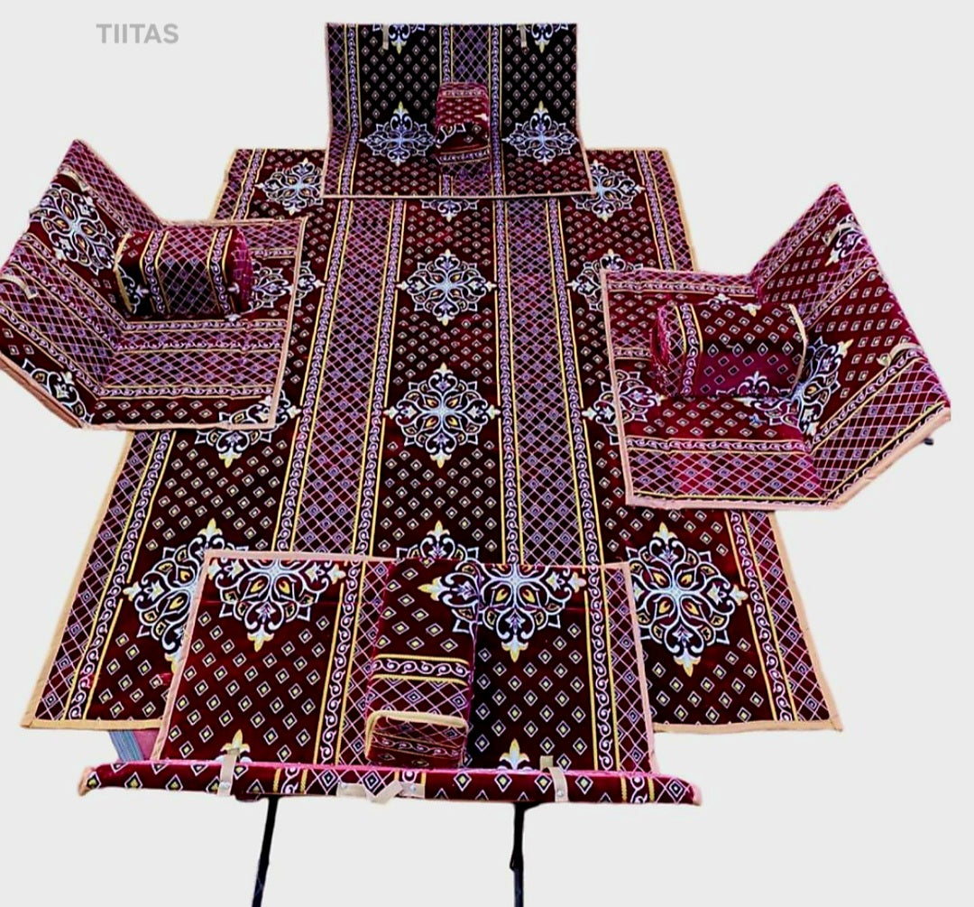 Camping Floor Seating For 8 Person, Picnic Set of 9 Piece Includes 4 Foldable Ground Chairs and Camping Mattress of 2 X 2.9 Meter and 4 Arm Rest, Suitable for Travel, Road Trips, Family Trips, Garden